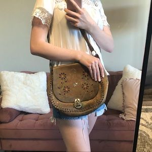 70s Vintage leather bag, hand painted floral design